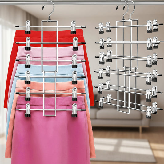 Pants Hangers with Clips,Space Saving Hanging Closet Organizer-6 Tiers Skirt Hangers with 360° Swivel Hook,Closet Organizer-Clothes Hangers- College Dorm Essentials Apartment Essentials-2 Pack