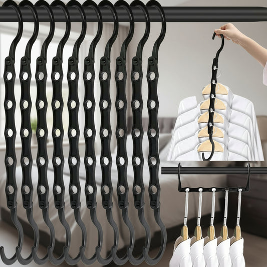 10 PCS Space Saving Hangers, 5-Hole Magic Hangers - Sturdy Plastic Hanger, Closet Organizers for Clothes Storage, College Dorm Essentials, Home Organization (Black)
